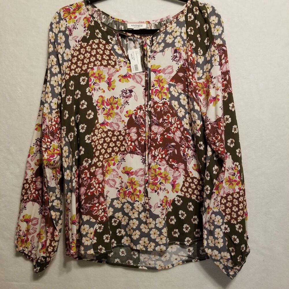 Andree by Unit L Top Multicolor Floral Patchwork Print Rayon Peasant Festival